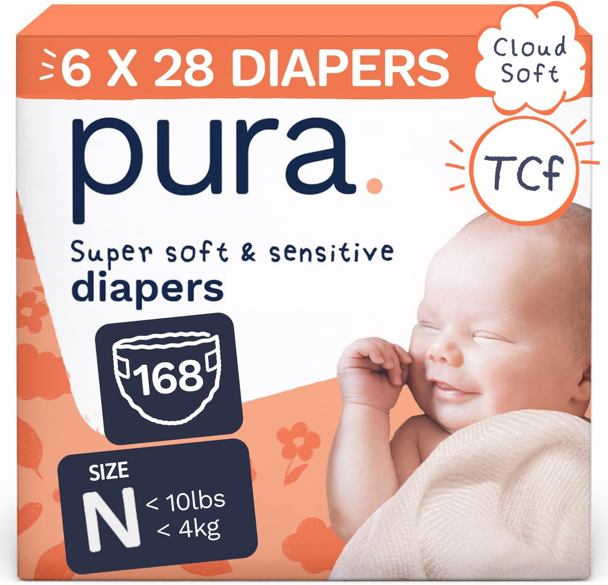 Pura Newborn Baby Diapers - Size N (Up to 10 lbs),168 Diapers, Cloud Soft Disposable Diapers for Sensitive Skin, Totally Chlorine Free, Blowout Blocker & Wetness Indicator