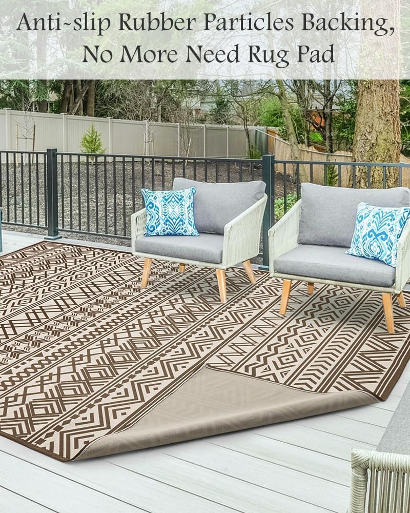 Outdoor Rug Carpet 4x6 ft, Flatweave Textured Outdoor Patio Rug Non Slip Indoor Outdoor Rugs with Rubber Particles Backing Boho Outdoor Area Rug for Patio Deck Front Porch Backyard Balcony, Brown