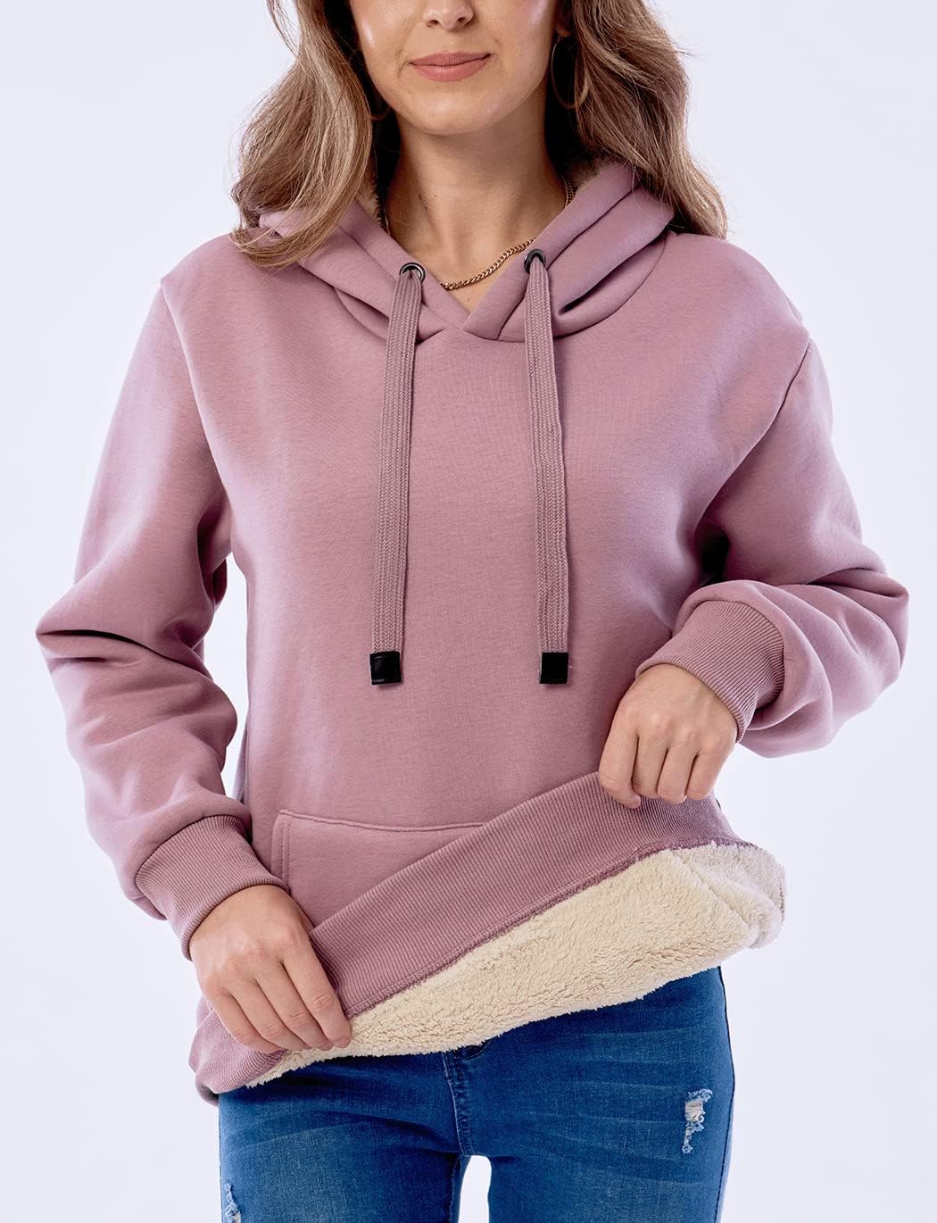 Haellun Womens Casual Winter Warm Fleece Sherpa Lined Pullover Hooded Sweatshirt