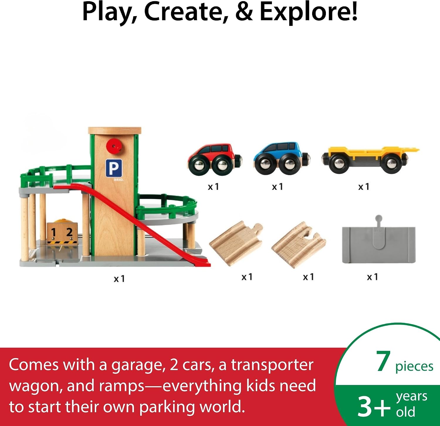 BRIO World Parking Garage - 7-Piece Wooden Toy Garage with 2 Cars, 1 Transporter Wagon, and Wooden Ramp Tracks - Works with All BRIO Train Sets - FSC-Certified - Sparks Creativity & Fun - Ages 3 & Up