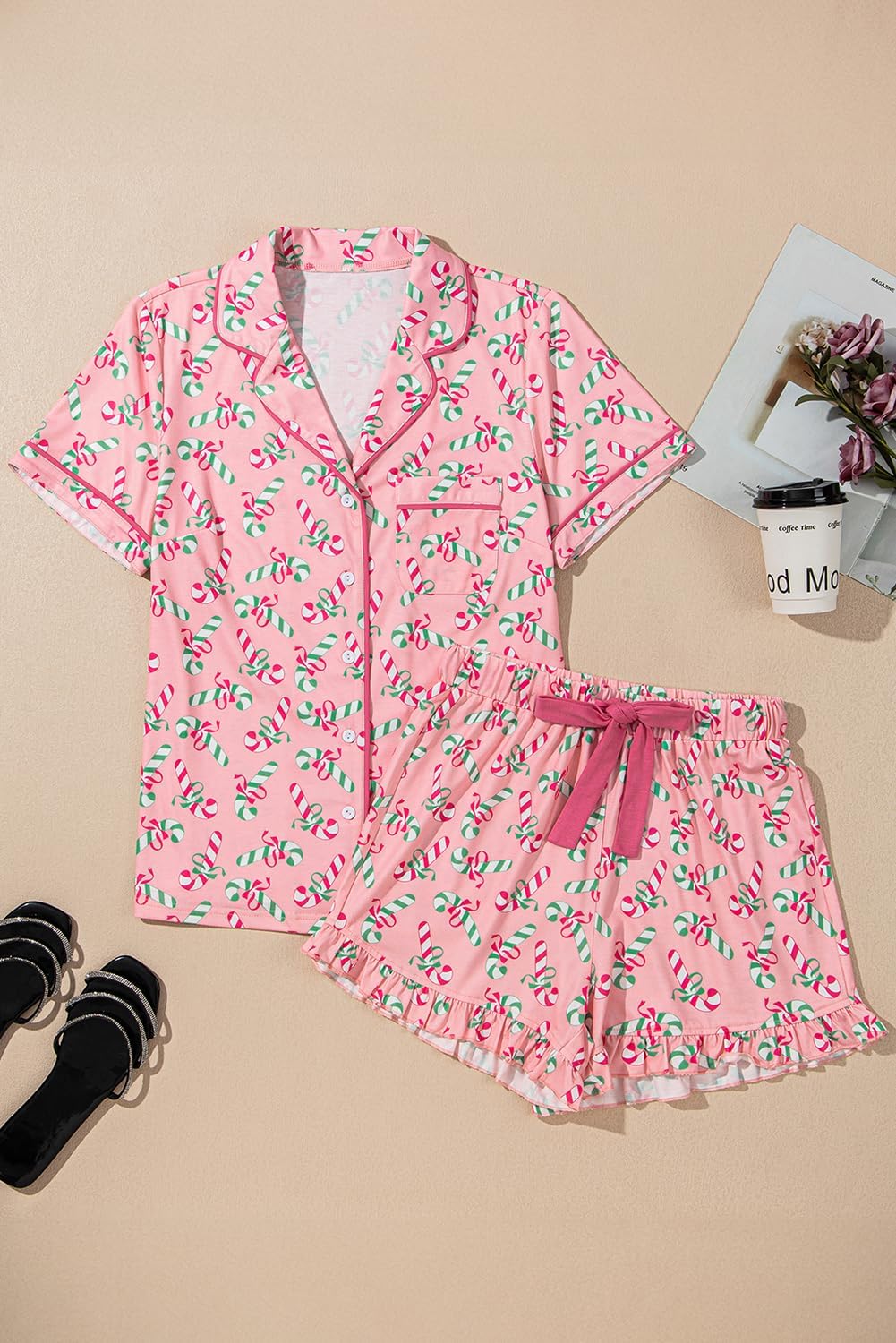 KevaMolly Women Novelty Knotted Candy Cane Christmas Pajama Set