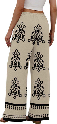 Sampeel Wide Leg Pants for Women Flowy Palazzo Drawstring Elastic Waist Trousers with Pockets Summer Beach Vacation Clothes