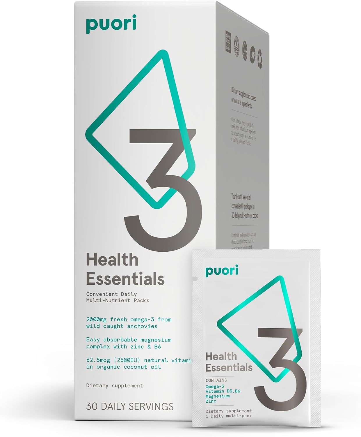 Puori P3 Health Essentials, Daily Multi-Vitamin Packs, 30 Servings