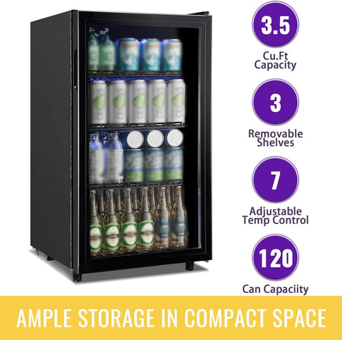 WANAI 3.5 Cu.ft Beverage Refrigerator Cooler, Mini Fridge with Glass Door for Beer Soda or Water, Small Drink Cooler Machine Clear Front Removable Shelves perfect for Home, Bar, Office