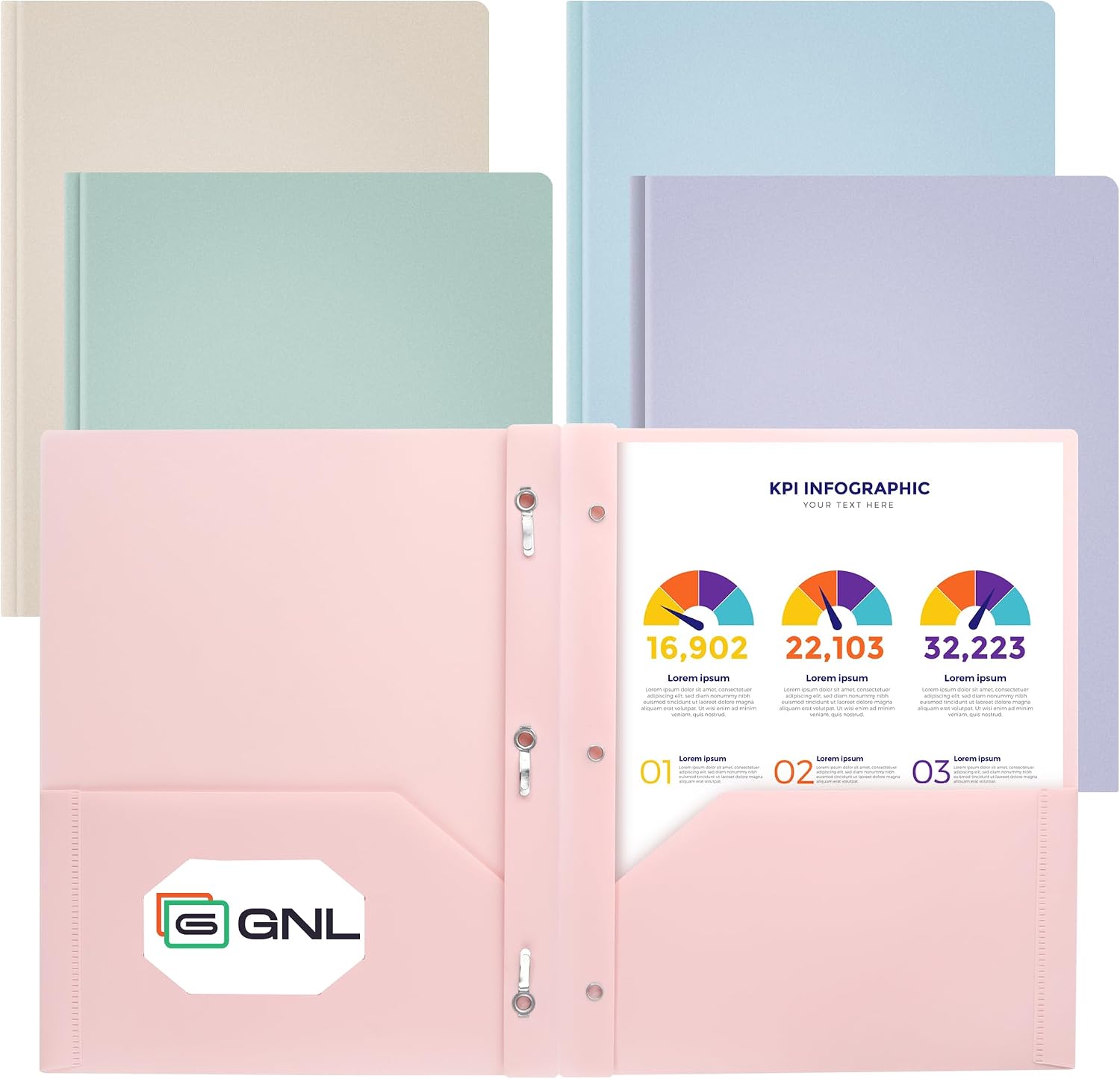 GNL Plastic Folders with Pockets and Prong, Pack of 5, Muted Pastel Colors, Heavy Duty 2 Pocket File Folders Letter Size, Folders with Prongs for School, Home, and Office