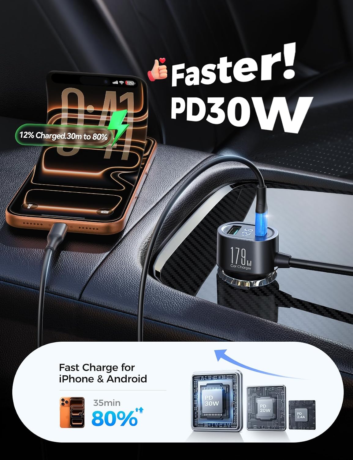 179W 7 in 1 Cigarette Lighter Splitter, PD30W Fast Charging Adapter for Car