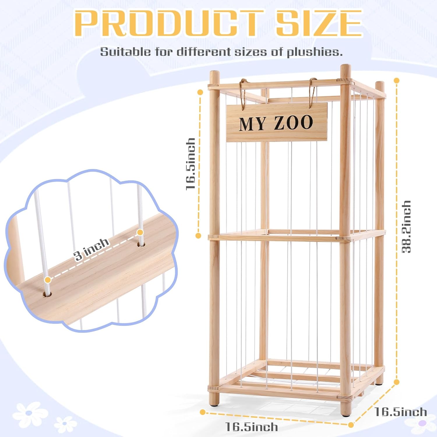 GLDZI Stuffed Animal Storage Zoo, Wooden Stuffed Animal Organizer with Elastic Cords for Boys Girls, Space Saving Toy Plushies Storage Holder for Playroom, Bedroom, Living Room (Burlywood, Small)