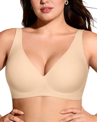 OEAK Womens Jelly Bras Wireless Deep V Comfy Push Up Tshirt Bras XXL Beige