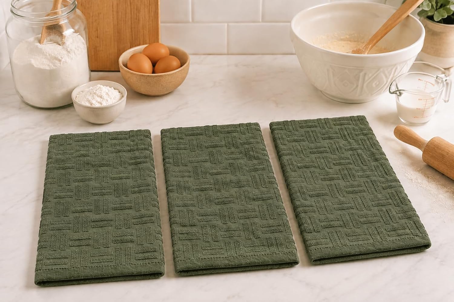Olive Green Kitchen Hand Dish Towels, Set of 3, 100% Cotton, 18" x 28"