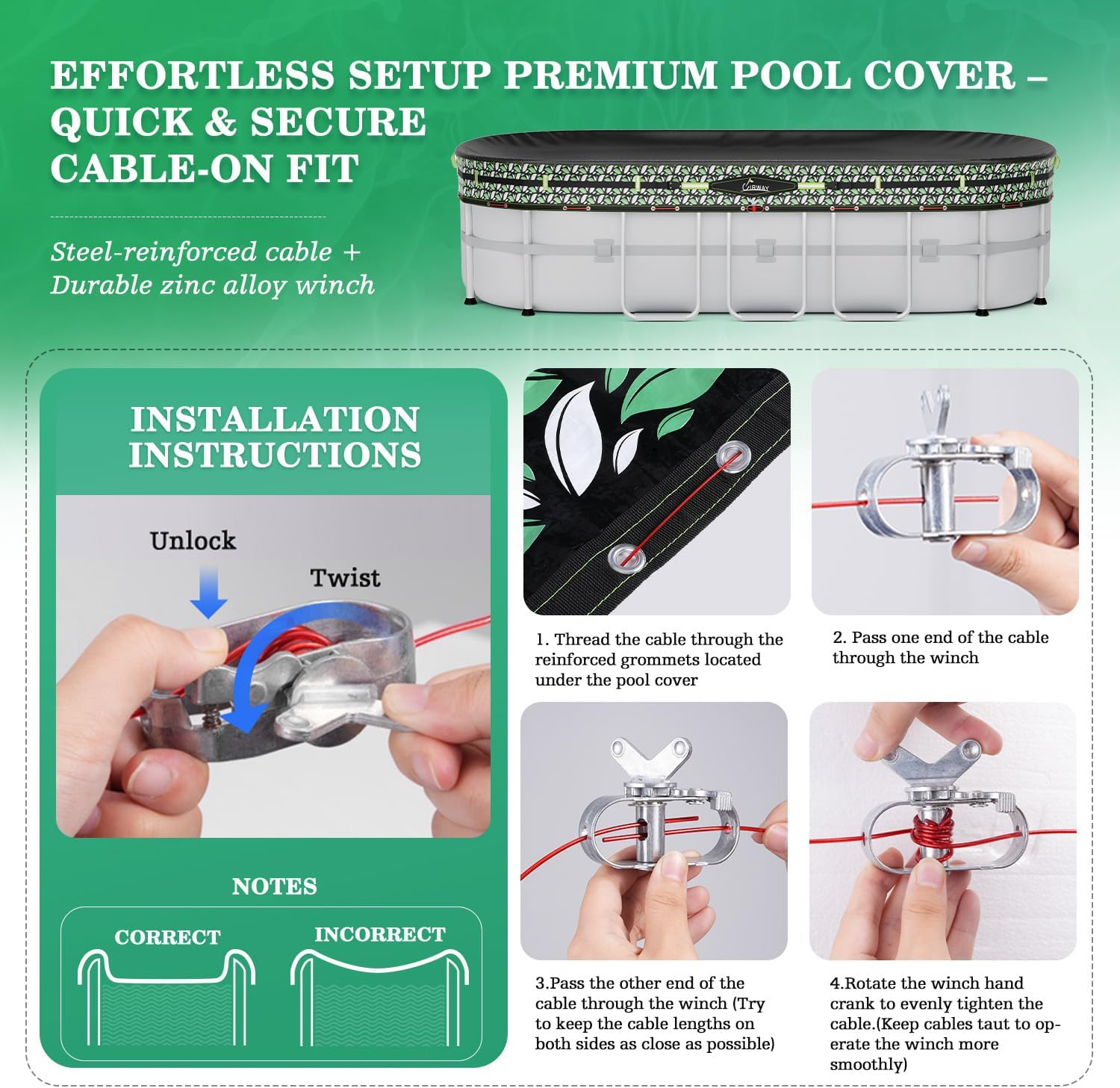 UIRWAY Upgraded 12x20 ft Oval Winter Pool Cover- 185gsm Heavy Duty Fabric Pool Cover for Above Ground Pools, Ultimate Windproof with 2 Buckle Straps & Winch and Cable Set, Cold and UV Resistant