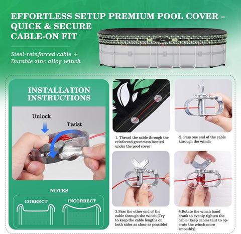 UIRWAY Upgraded 12x20 ft Oval Winter Pool Cover- 185gsm Heavy Duty Fabric Pool Cover for Above Ground Pools, Ultimate Windproof with 2 Buckle Straps & Winch and Cable Set, Cold and UV Resistant