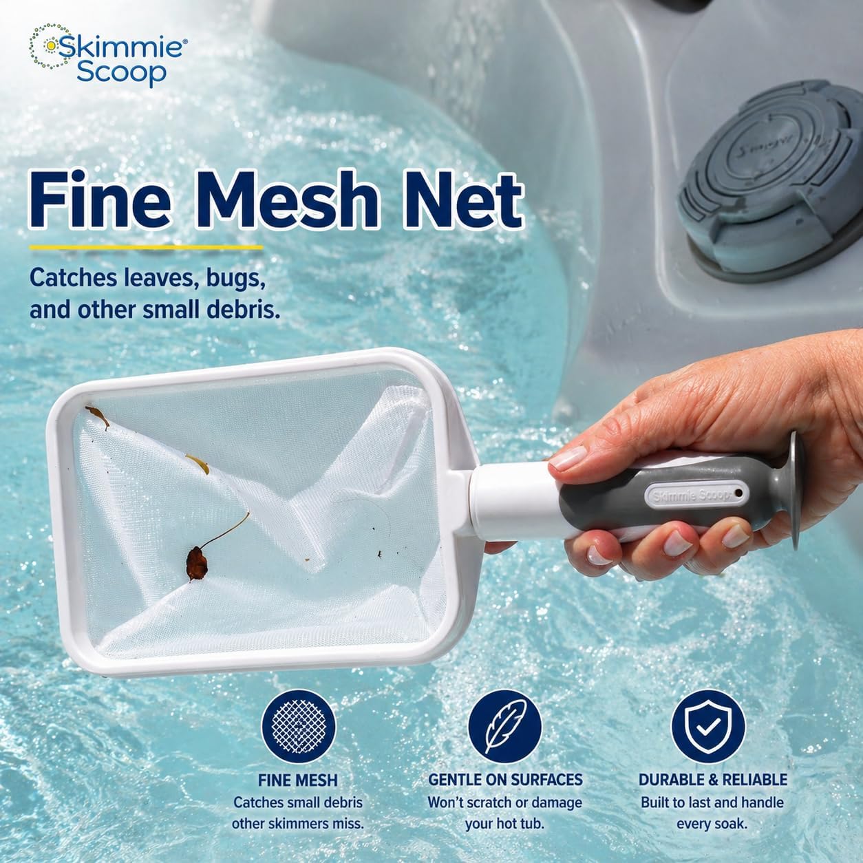 The Skimmie Scoop - Patented Handheld Skimmer with Fine Mesh Net for Spa, Hot Tub, Cold Plunge and Small Pool Cleaning - Lightweight and Durable with Powerful Suction Cup - Clean Out Filter (White)