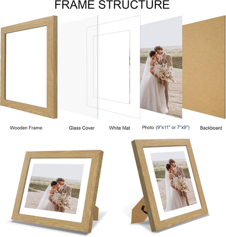 Hongkee 9x11 Picture Frame Set of 4, Made of Real Glass and Natural Oak Frame - Display Picture 7x9 with Mat or 9x11 Without Mat, 9 by 11 Photo for Wall or Tabletop