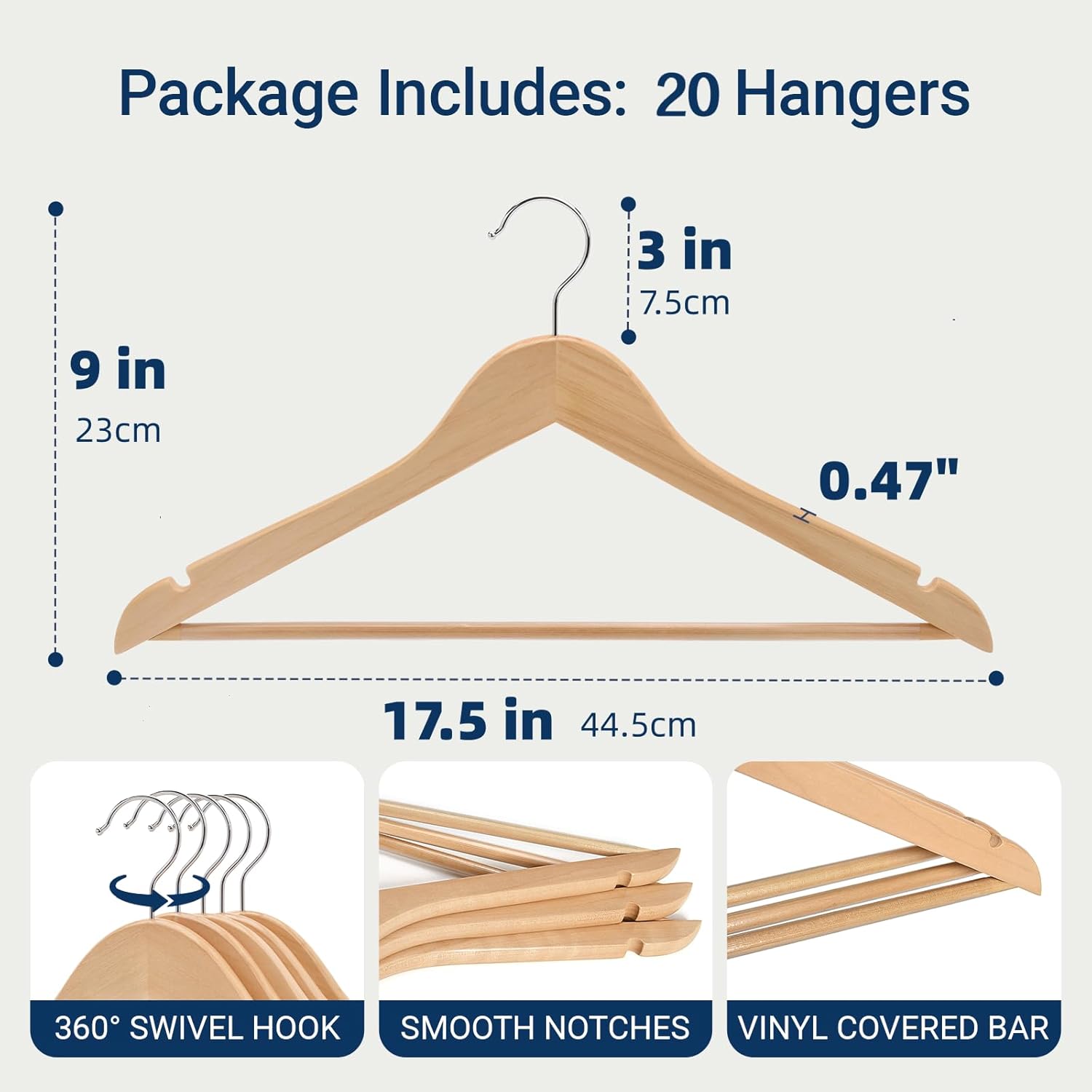 Amber Home 20 Pack Natural Wooden Coat Hangers, Wood Suit Hangers