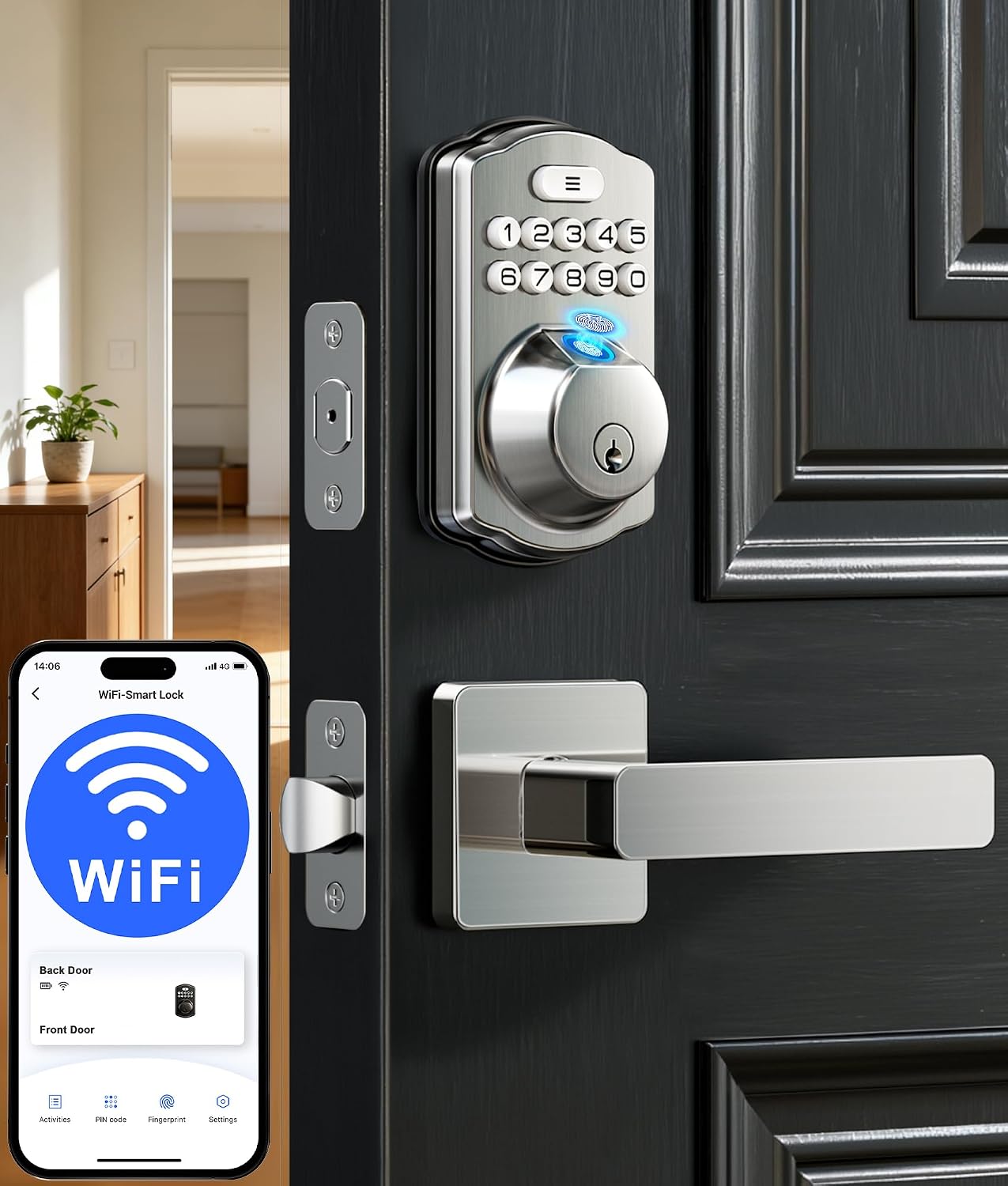Veise VE012W-L WiFi Fingerprint Deadbolt Lock with Handle Set, Satin Nickel