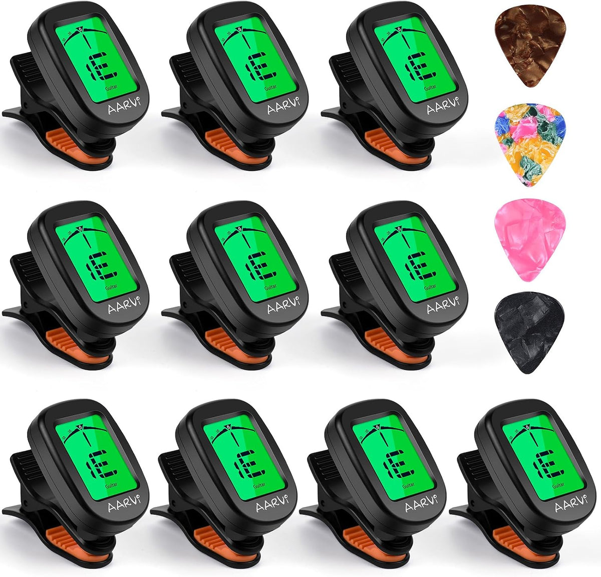 Aarvi Guitar Tuner, Clip-On Digital Chromatic Tuner for Acoustic & Electric Instruments, 10 Pack with 40 Guitar Picks