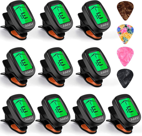 Aarvi Guitar Tuner, Clip-On Digital Chromatic Tuner for Acoustic & Electric Instruments, 10 Pack with 40 Guitar Picks