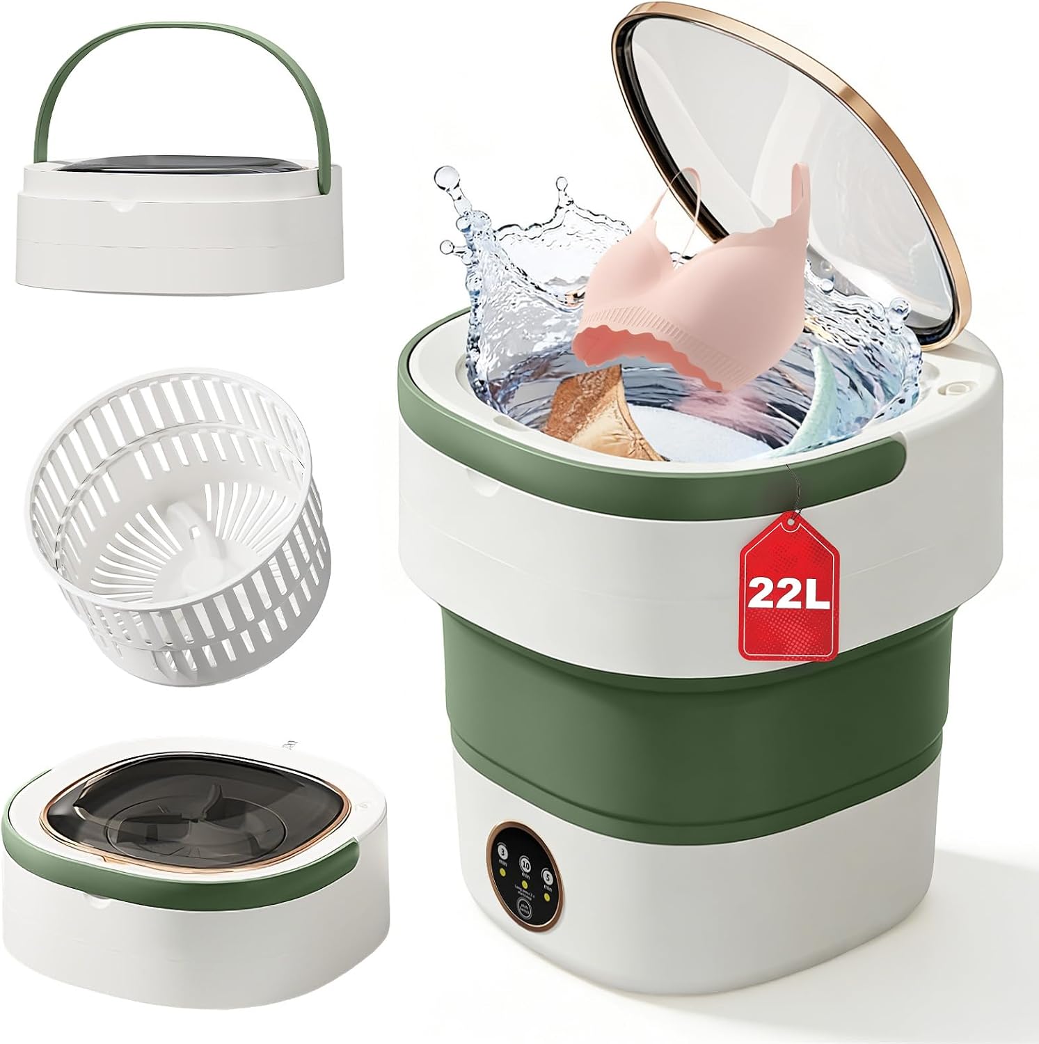 Portable Washing Machine - 22L Mini Foldable Washer with Spin Basket, Green