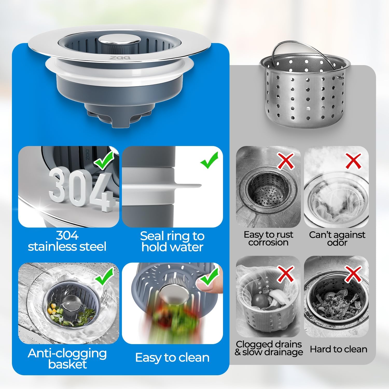 zaa 3 in 1 Kitchen Sink Drain Strainer Stopper Removable Basket Pop-Up