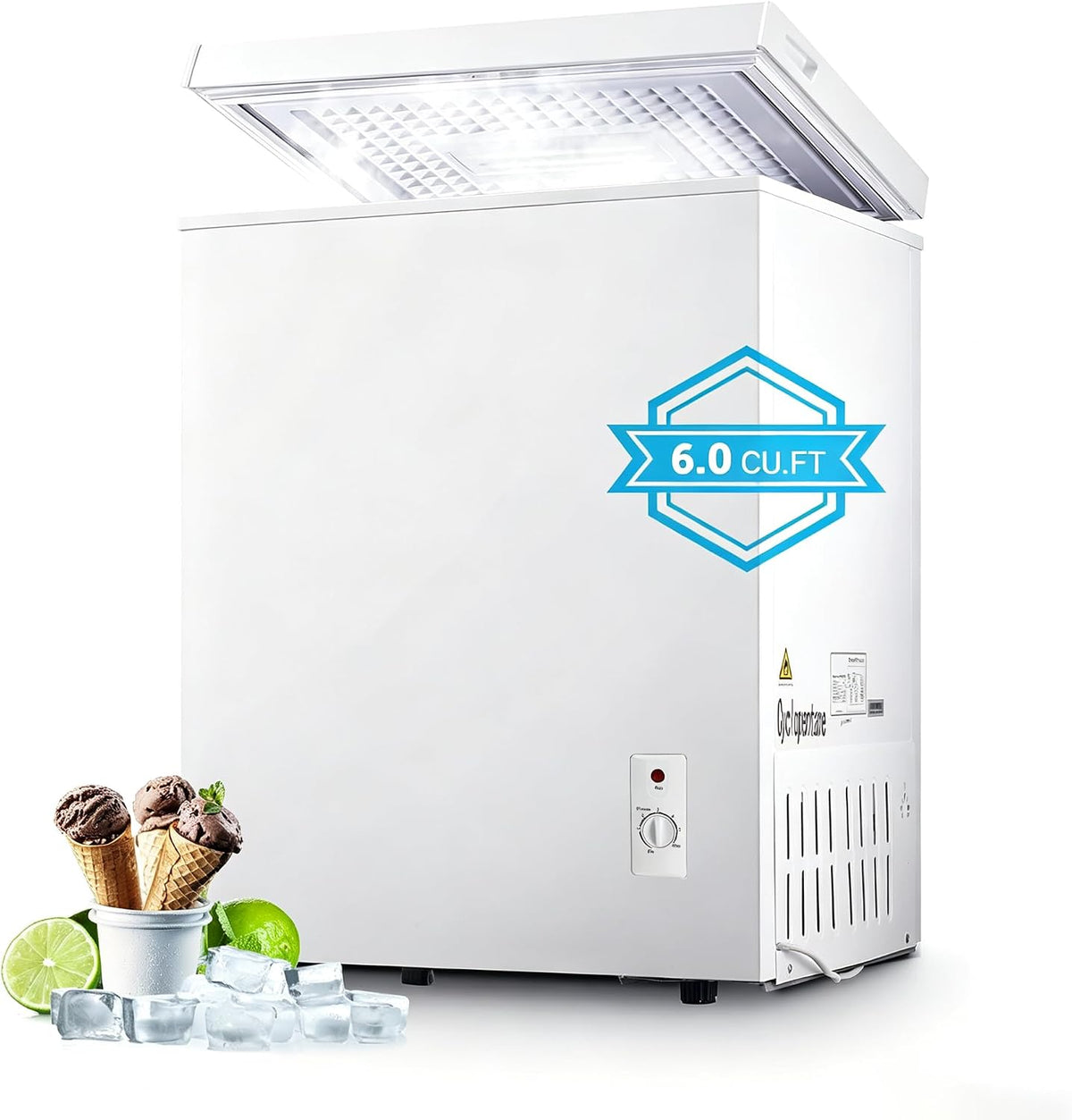 6.0 Cu.ft Chest Freezer, Top Open Door Deep Freezer with 7 Adjustable Thermostat (-18°F to 50°F), Compact Freezer with Removable Basket for Home/Garage/Office, White