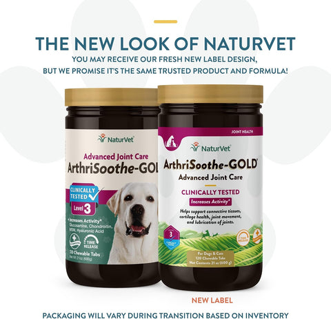 NaturVet ArthriSoothe-GOLD Level 3, MSM and Glucosamine for Dogs and Cats, Advanced Joint Care Support Supplement with Chondroitin and Omega 3, Clinically Tested, Chewable Tablets, Made in the USA, 120 Count