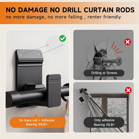 No Drill Curtain Rods for Windows 30 to 45 Inches,【Upgrade Dual Support】 Adhesive & Invisible Nail 5/8 Inch Curtain Rod No Drilling, Renter Friendly for Apartments Dorms, Black