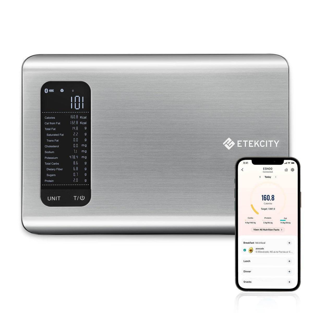 Etekcity Smart Food Kitchen Scale with Nutritional Calculator, Free App with 19 Nutrients Tracking, Calorie, Marco, Digital weight grams and ounces for weight loss, Premium Stainless Steel, 11lb