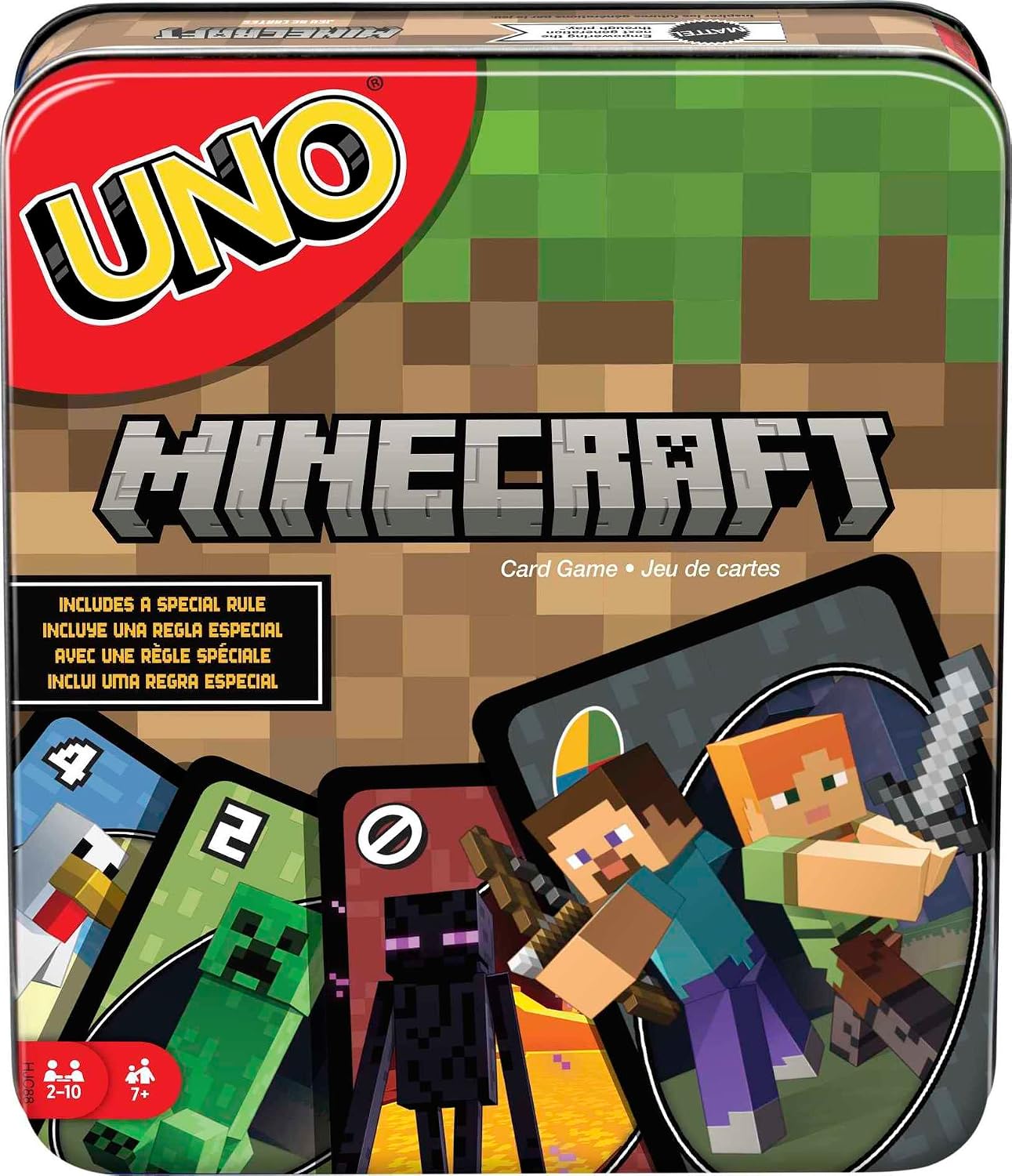 Mattel Games UNO Card Game, Gifts for Kids and Family Night, Themed to Minecraft Video Game, Travel Games, Storage Tin Box (Amazon Exclusive)