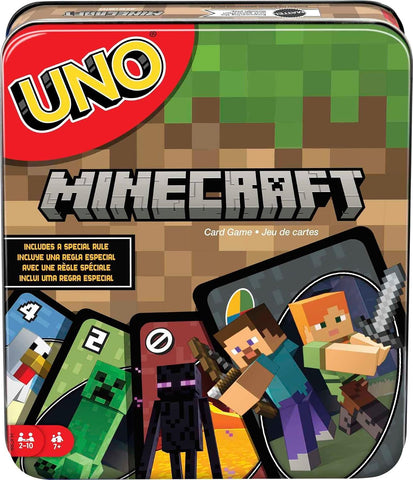 Mattel Games UNO Card Game, Gifts for Kids and Family Night, Themed to Minecraft Video Game, Travel Games, Storage Tin Box (Amazon Exclusive)