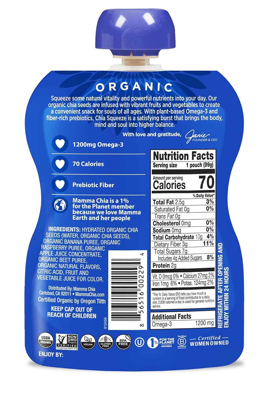 Mammachia Organic Chia Squeeze Vitality Snack, Wild Raspberry, No Added Sugar, Vegan Friendly, Kosher, USDA Certified Organic, Gluten Free & Non-GMO, 4 Count, 14 Ounce (Pack of 6)
