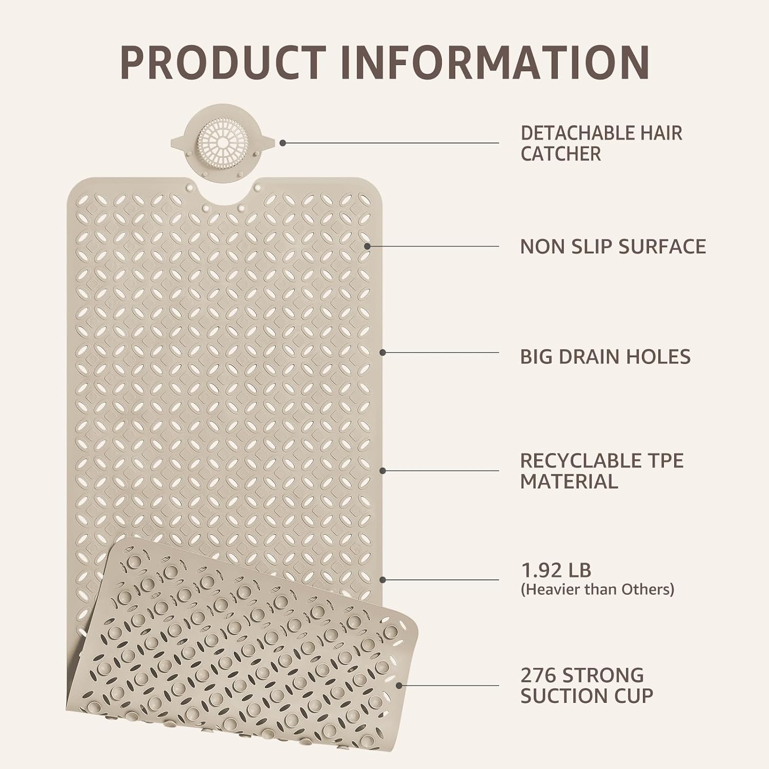 OTHWAY Bath Mat for Tub Non Slip: 39" X 17" Long Bathtub Mat with Hair Catcher│Big Drain Holes Shower Mats for Inside Shower│Machine Washable (Brown)