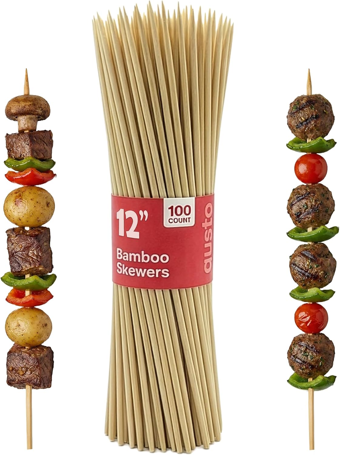 GUSTO 12 Inch Bamboo Skewers [100 Count] Wooden Shish Kabob, Smores Stick