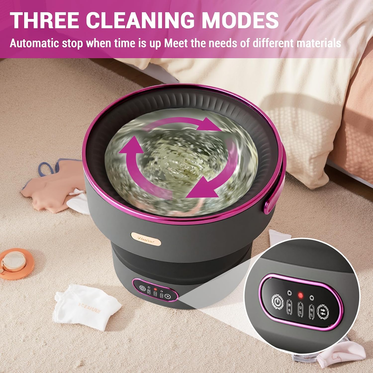 Portable Washing Machine, 13 L Foldable Mini Washer with with 4 Modes and Spin Basket Deep Cleaning of Underwear Baby Clothes and Small Clothes for Apartments Dorm RV Travel Hotel Laundry Black Purple