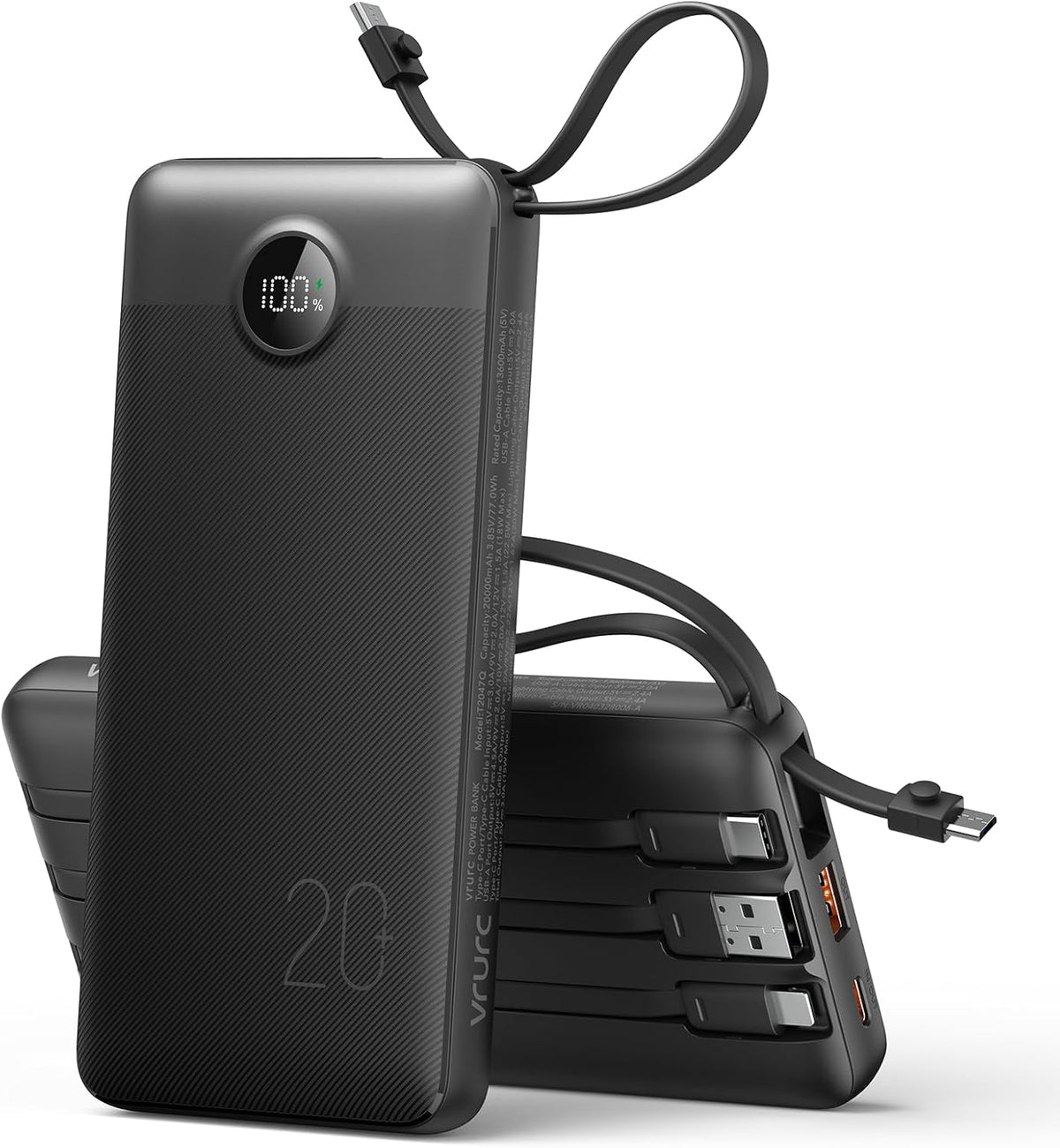 VRURC Portable Charger 4-Built-in-Cables 20000mAh Fast Charging Power Bank