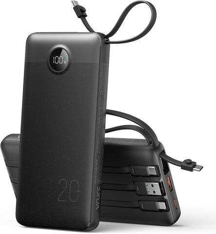VRURC Portable Charger 4-Built-in-Cables 20000mAh Fast Charging Power Bank
