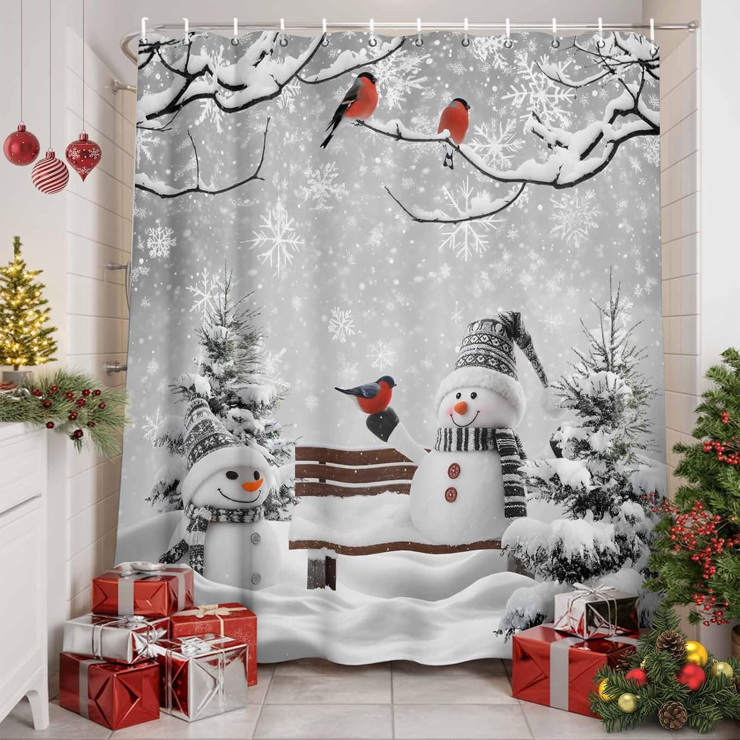 Vandarllin Winter Christmas Shower Curtain, Cute Snowman Cardinals Shower Curtains Set with Hooks, GreySnowy Pine Forest Waterproof Fabric Bathroom Curtains Decor Home Accessories,72 X 72 Inch Long
