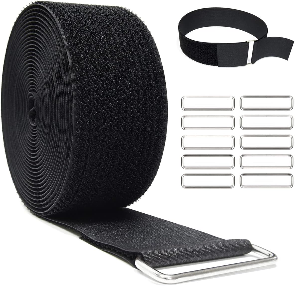 YMCRLUX 1"x64ft Hook and Loop Straps with 70 Metal Buckles, Adjustable Fastening Cable Straps, Cut-to-Length Cinch Strap, Reusable Nylon Securing Cord Ties for Organizer or Storage, 1 inch Wide, Black