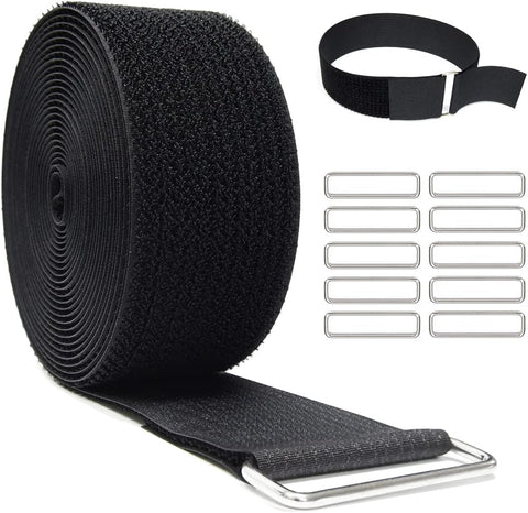 YMCRLUX 1"x64ft Hook and Loop Straps with 70 Metal Buckles, Adjustable Fastening Cable Straps, Cut-to-Length Cinch Strap, Reusable Nylon Securing Cord Ties for Organizer or Storage, 1 inch Wide, Black