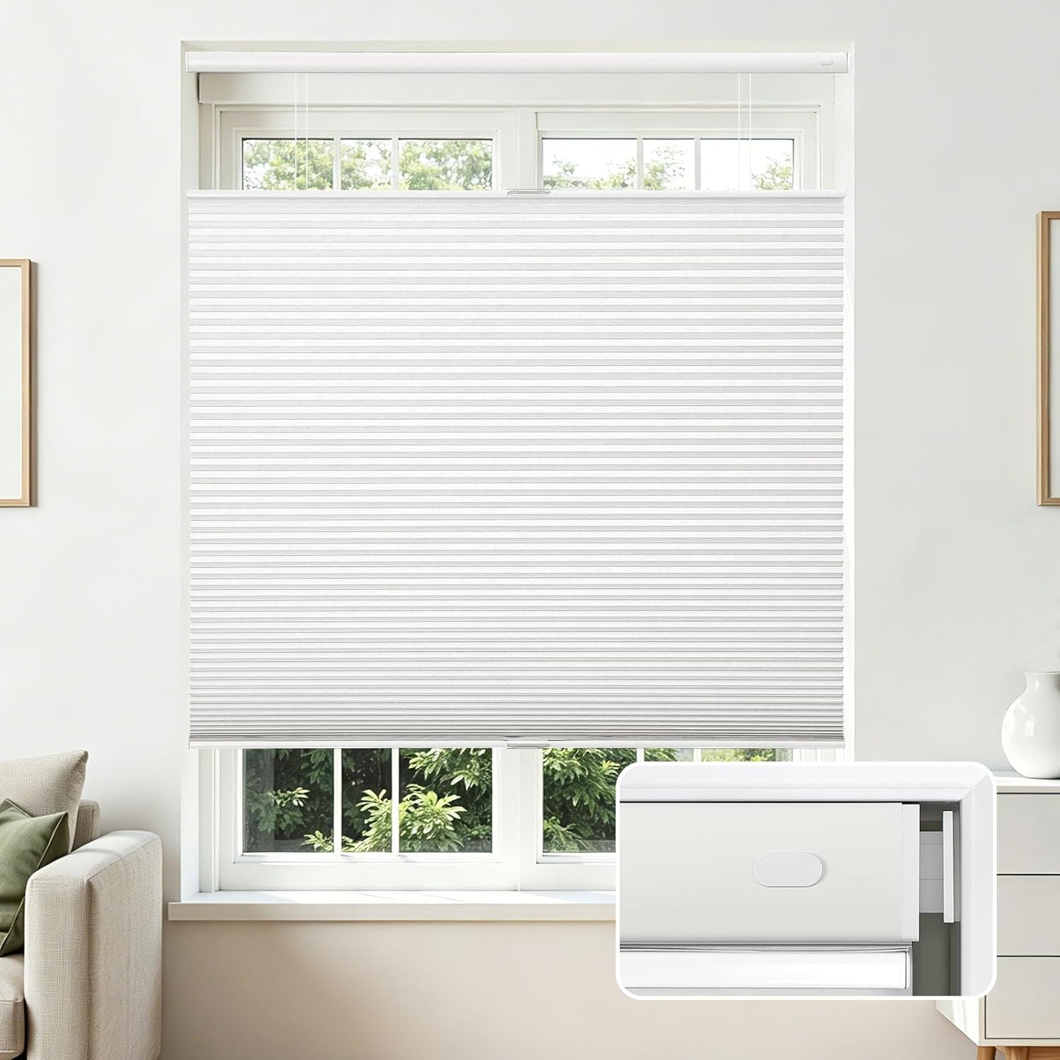 Joydeco No Drill Blackout Cordless Cellular Shades, 35" W x 64" H, White