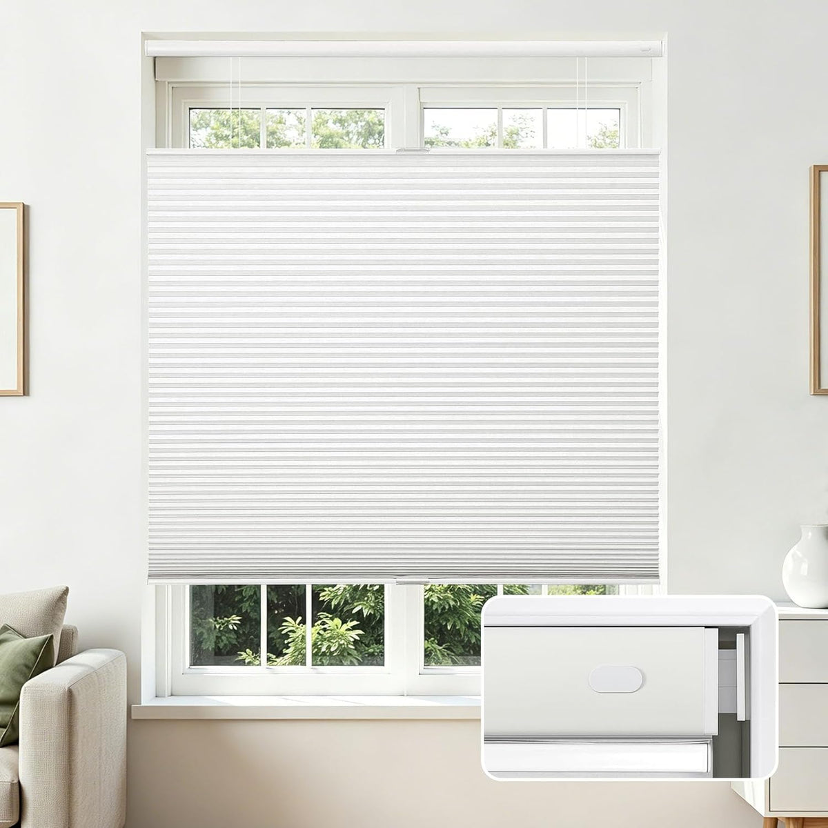 Joydeco No Drill Blackout Cordless Cellular Shades, 35" W x 64" H, White