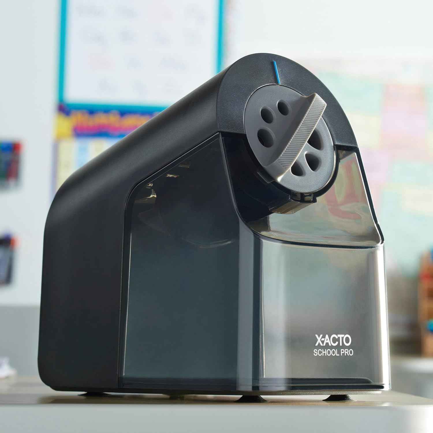 X-ACTO Pencil Sharpener, School Pro Electric Sharpener, Black, With Six Size Dial, XL Shavings Bin - Heavy Duty, Classroom Supplies