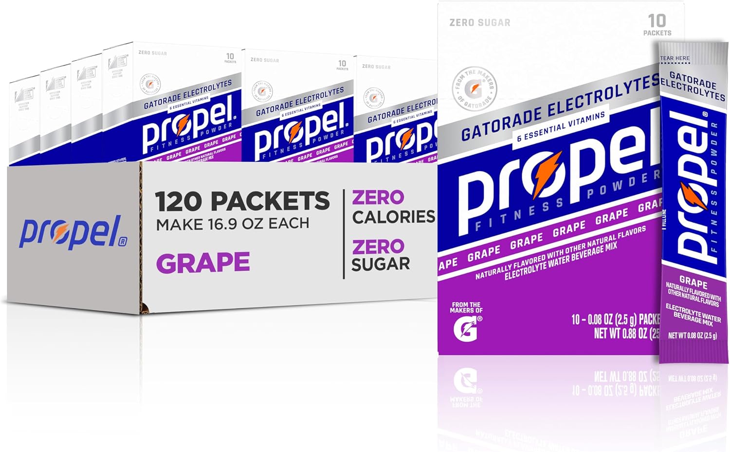 Propel Electrolyte Enhanced Water Drink Mix Powder Packets, Grape, Zero Calorie & 0 Sugar Hydration with Electrolytes and Vitamins C & E (120 Packets)