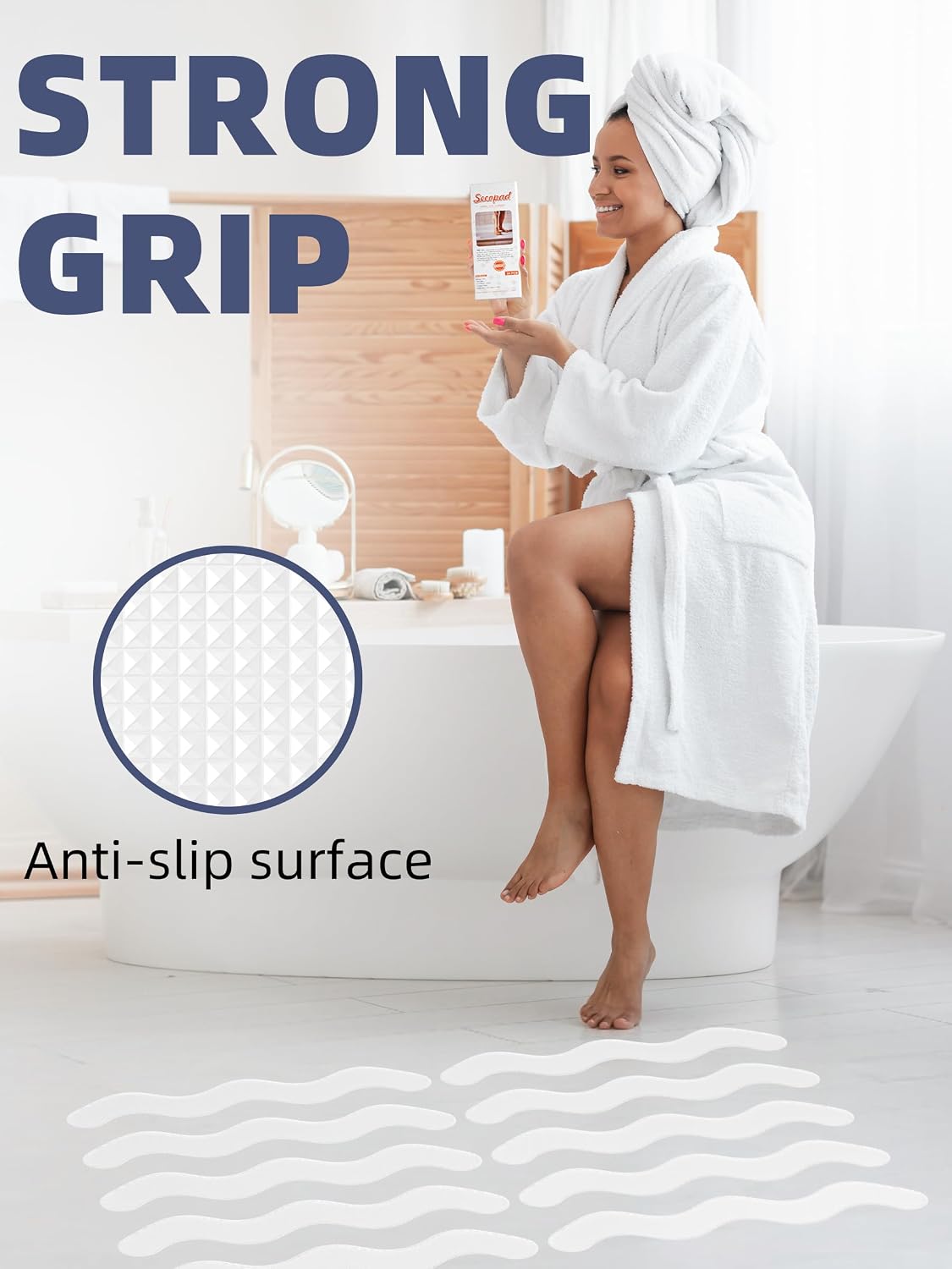 Secopad Patented Anti Slip Shower Stickers, 24PCS Adhesive Decals Safety Strips with Scraper for Bath Tub, Shower Floor, Stairs, White, 1.6"*14.5"