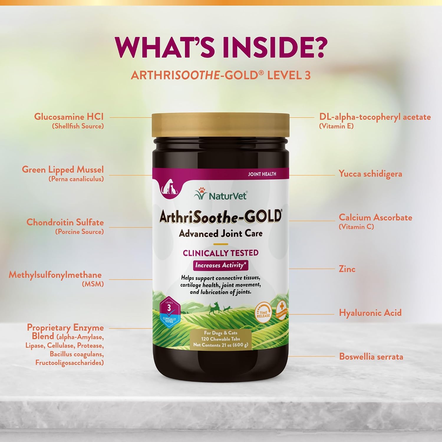 NaturVet ArthriSoothe-GOLD Level 3, MSM and Glucosamine for Dogs and Cats, Advanced Joint Care Support Supplement with Chondroitin and Omega 3, Clinically Tested, Chewable Tablets, Made in the USA, 120 Count
