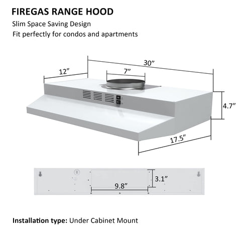 FIREGAS Range Hood 30 inch Under Cabinet Range Hood with 2 Speed Exhaust Fan,Ducted/Ductless Convertible,Rocker Button Control,300 CFM, White Vent Hood Aluminum Filter Included