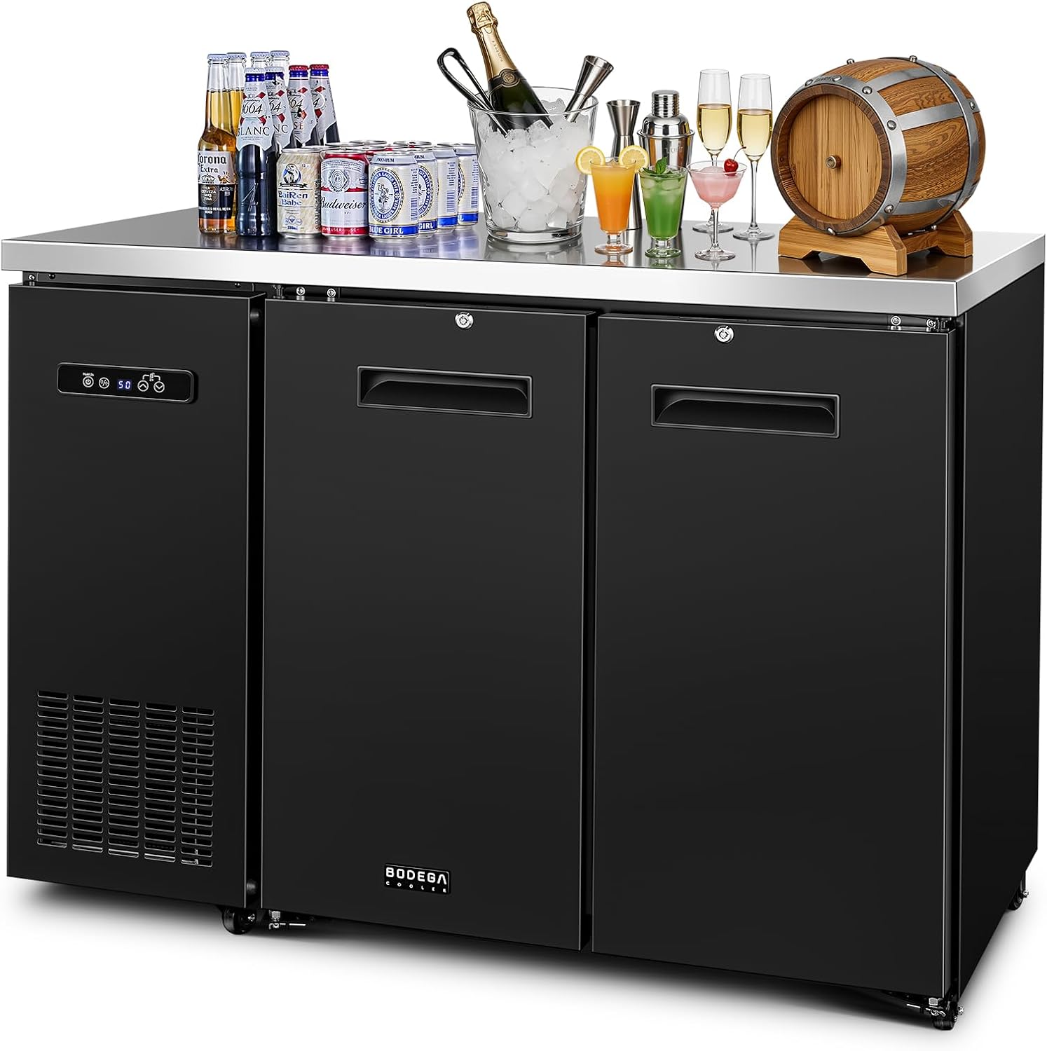 BODEGA Commercial Bar Cooler with 2 Solid Doors, 12 Cu.Ft Back Bar Refrigerator, Beverage Refrigerator for Beer Soda Wine,LED Light, Stainless Steel Top,6 Casters, for Kitchen Buffet Table