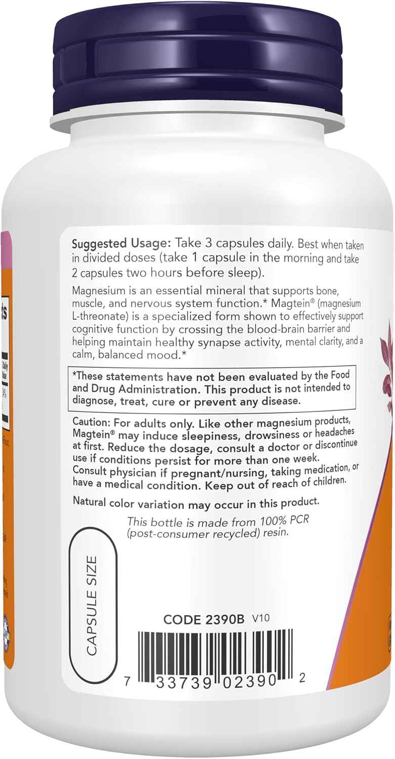 NOW Foods Supplements, Magtein™ with patented form of Magnesium (Mg), Cognitive Support*, 90 Veg Capsules