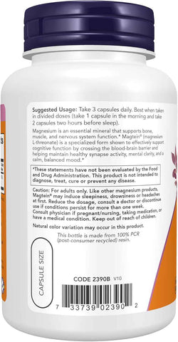 NOW Foods Supplements, Magtein™ with patented form of Magnesium (Mg), Cognitive Support*, 90 Veg Capsules