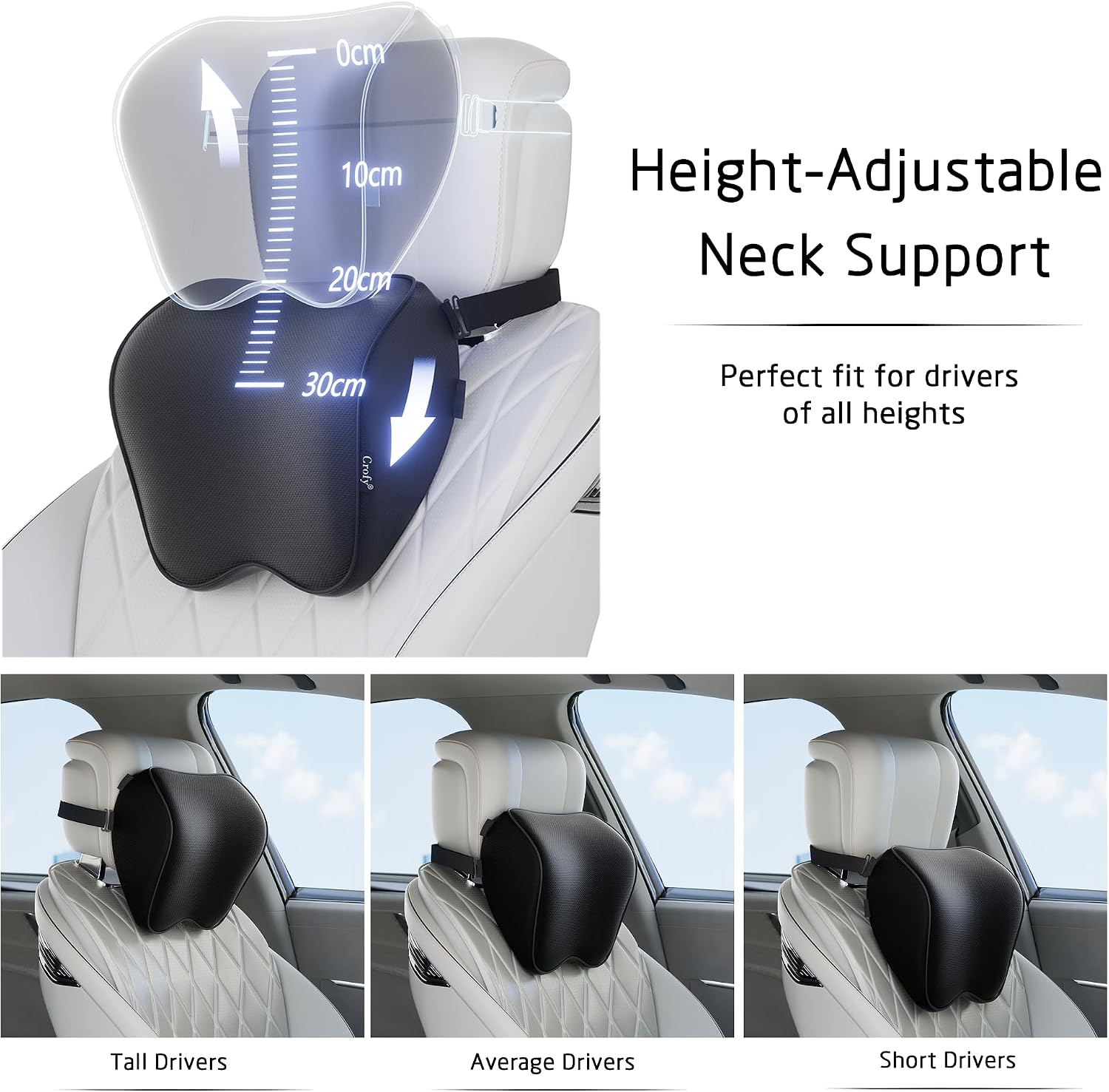 Crofy 2-Pack Car Neck Pillow, Headrest Pillow with Adjustable Strap, Black