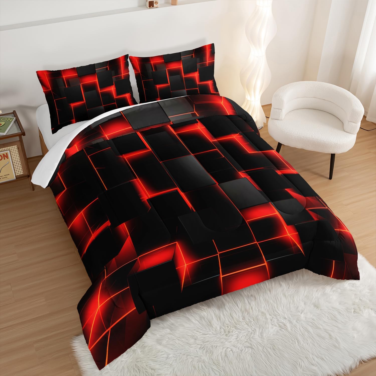 HOSIMA Red Black Geometric Honeycomb Queen Comforter with 2 Pillowcases.